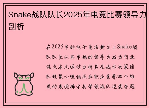Snake战队队长2025年电竞比赛领导力剖析